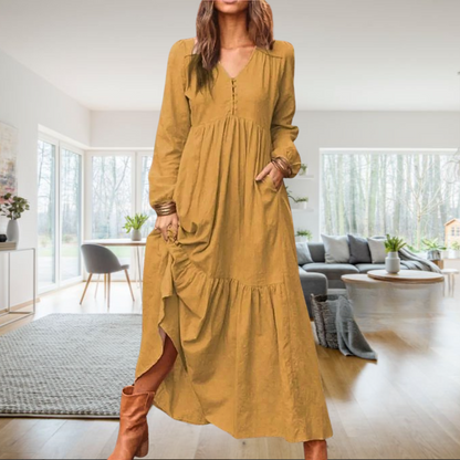 Sarah™ • Women's Maxi Dress with Long Sleeves and V-Neck