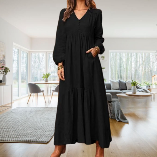 Sarah™ • Women's Maxi Dress with Long Sleeves and V-Neck