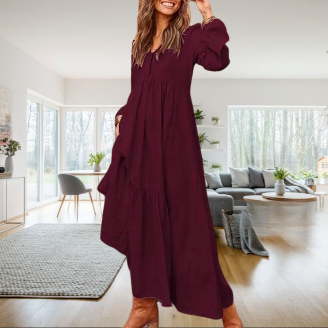 Sarah™ • Women's Maxi Dress with Long Sleeves and V-Neck