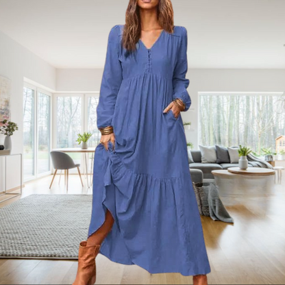 Sarah™ • Women's Maxi Dress with Long Sleeves and V-Neck